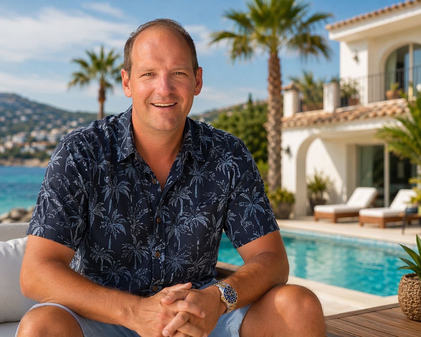 Alexander Ramp vor einem Pool an der Spanischen Costa Blanca