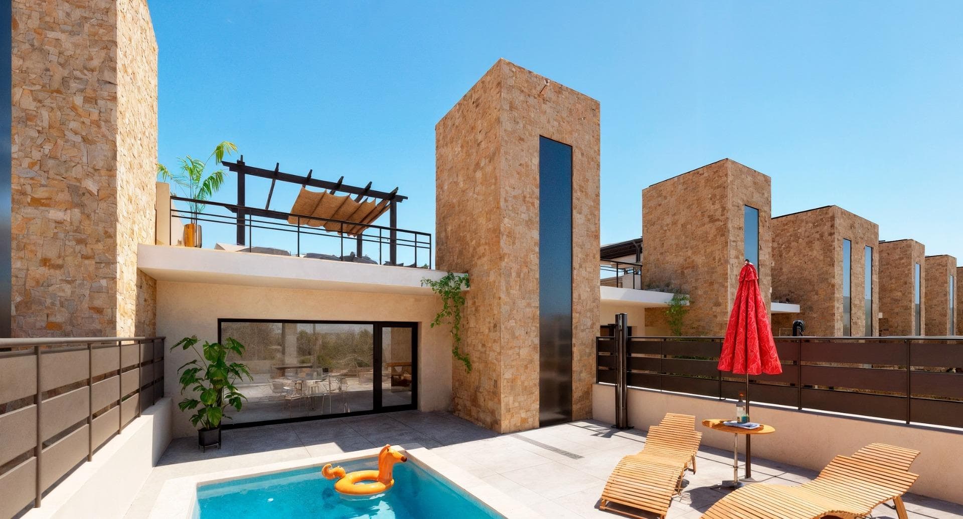 Neubau-Reihenhaus mit 2 Schlafzimmern, Solarium und privatem Pool zum Verkauf in Fuente Ál